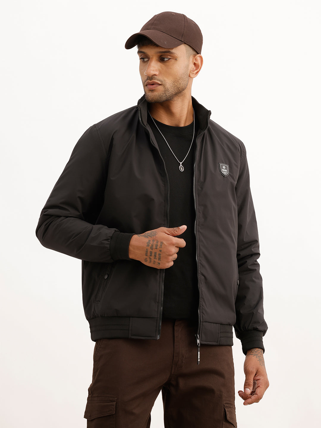 Solid Regular Fit Zipper Jacket | Black