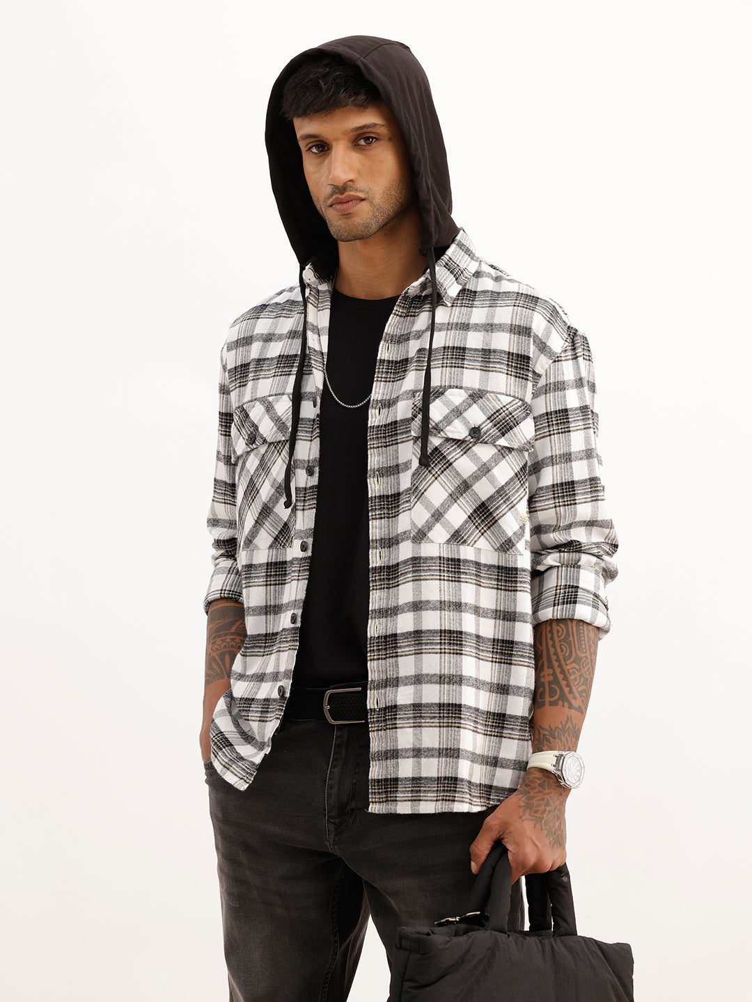 Classic Checkered Hooded Shirt | White
