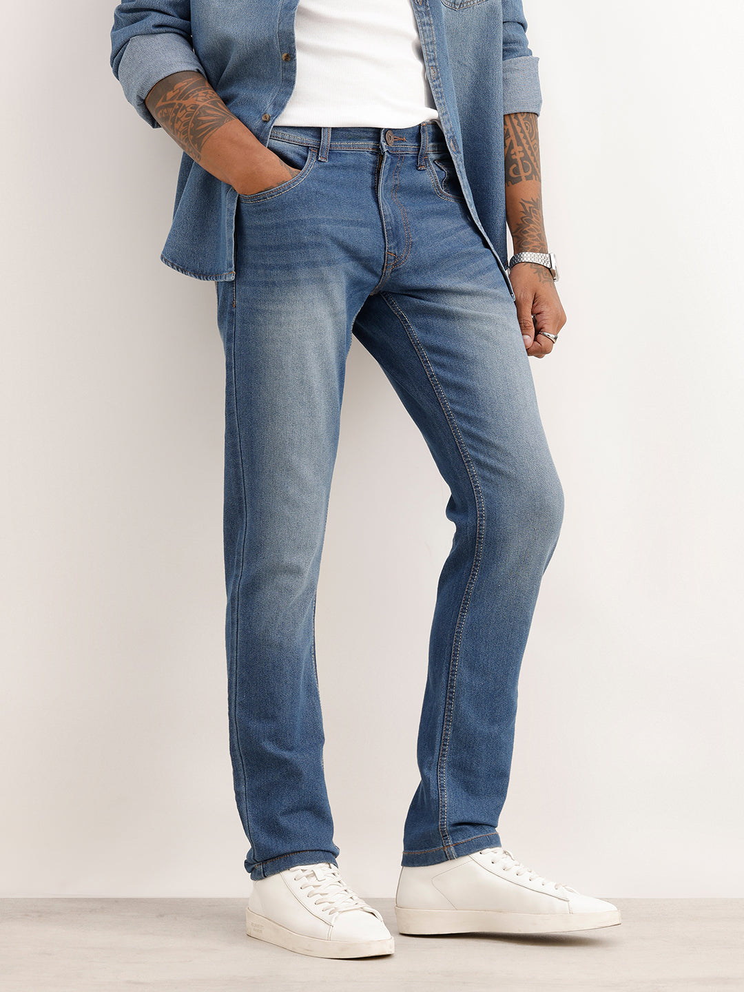 Faded Straight Fit Denim Jeans | Blue