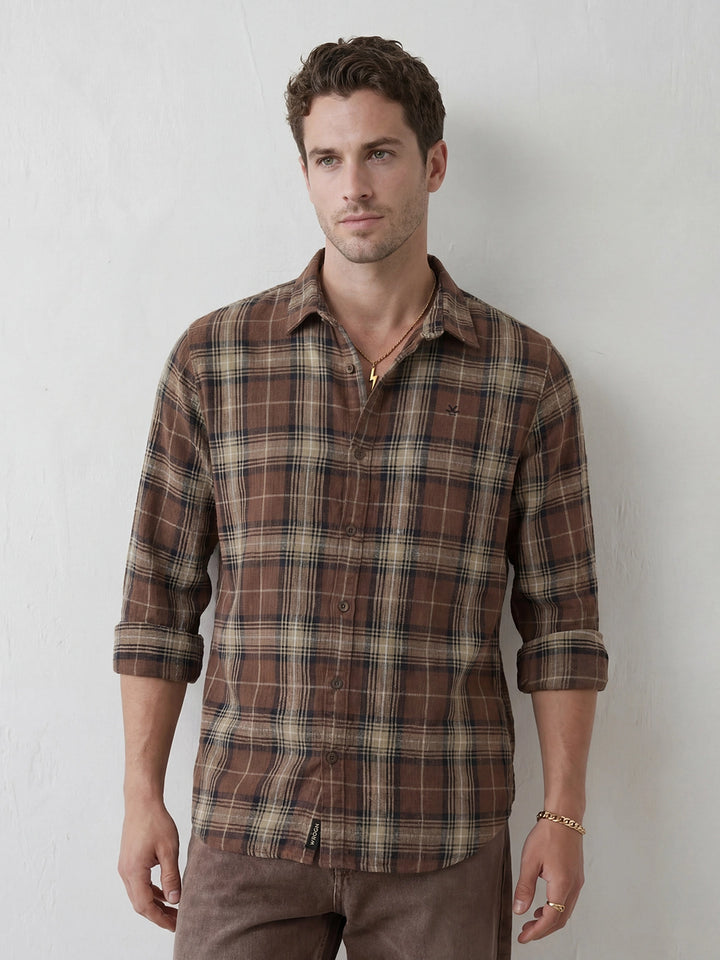Classic Slim Fit Checkered Shirt | Brown