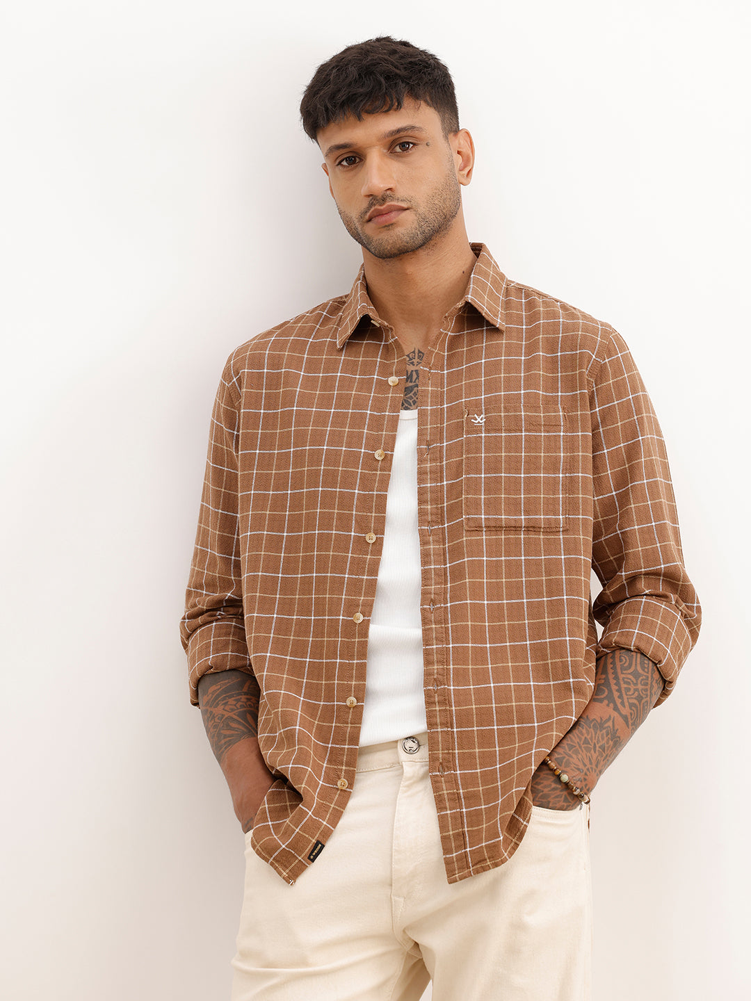 Checkered Slim Fit Full Sleeve Shirt | Brown | WSH02FSSL7019W