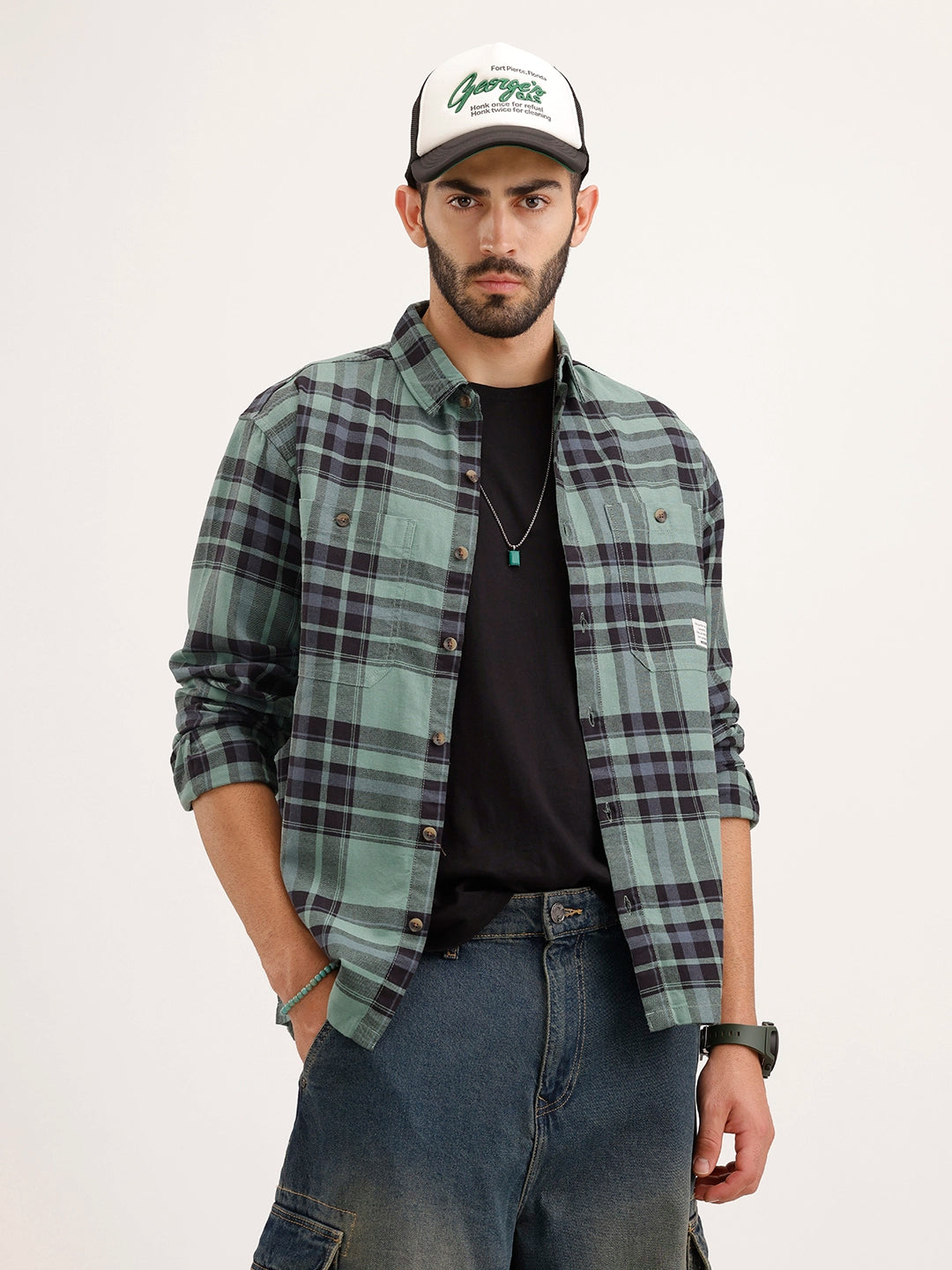 Comfort Fit Double Pocket Checkered Shirt | Green
