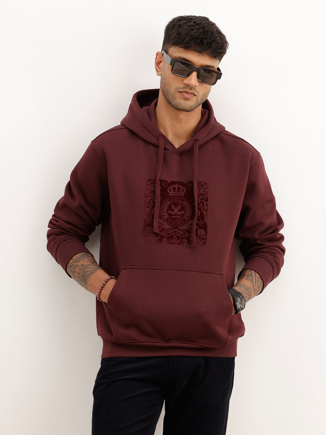 Solid Flock Printed Hoodie | Wine