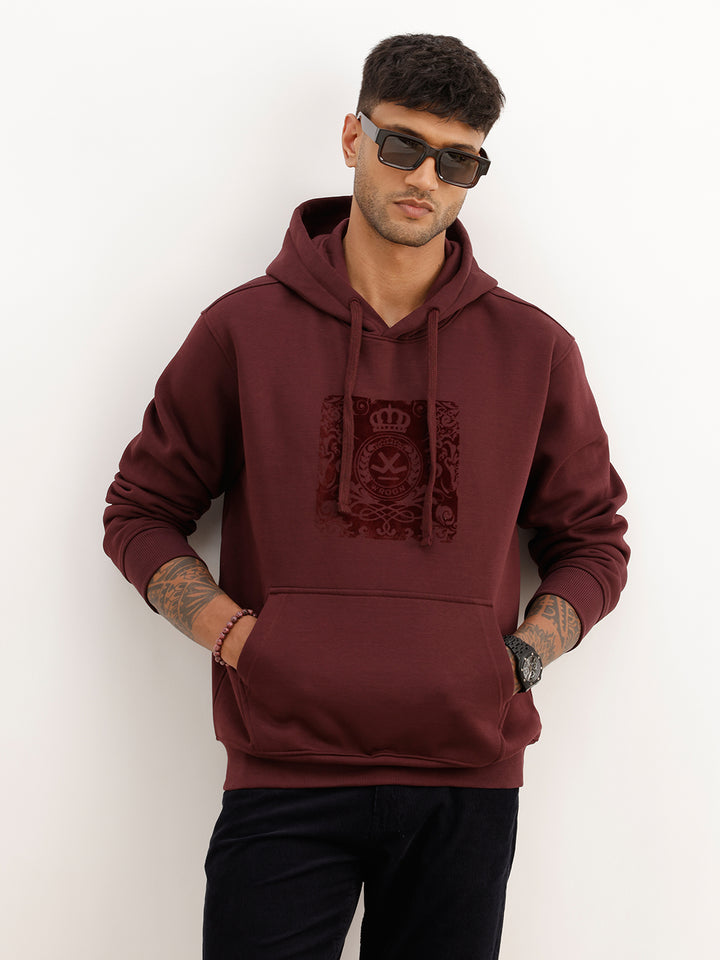 Solid Flock Printed Hoodie | Wine