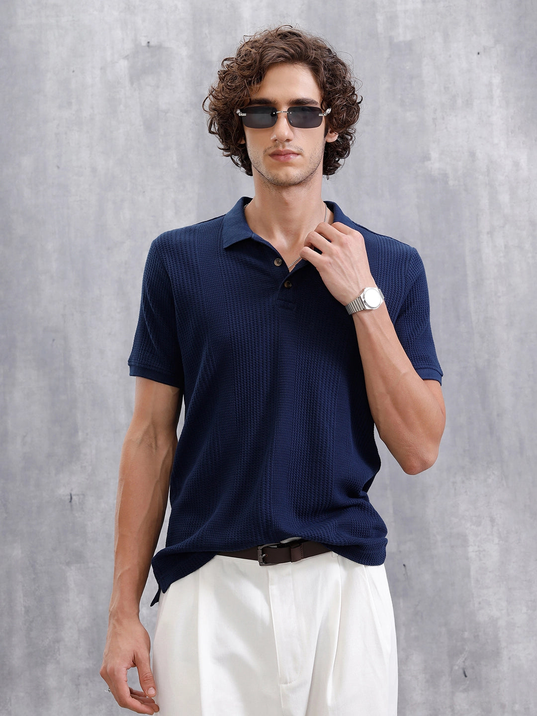 Waffle Textured Polo T-Shirt -  | Navy Blue
