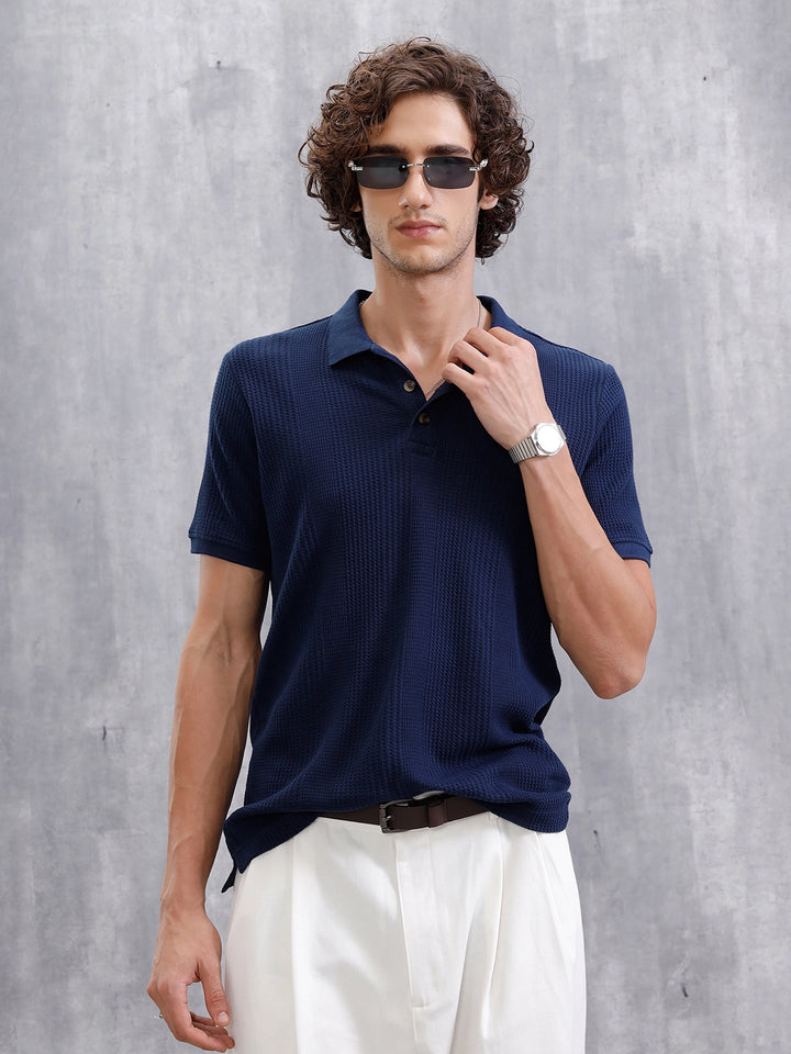 Waffle Textured Polo T-Shirt -  | Navy Blue