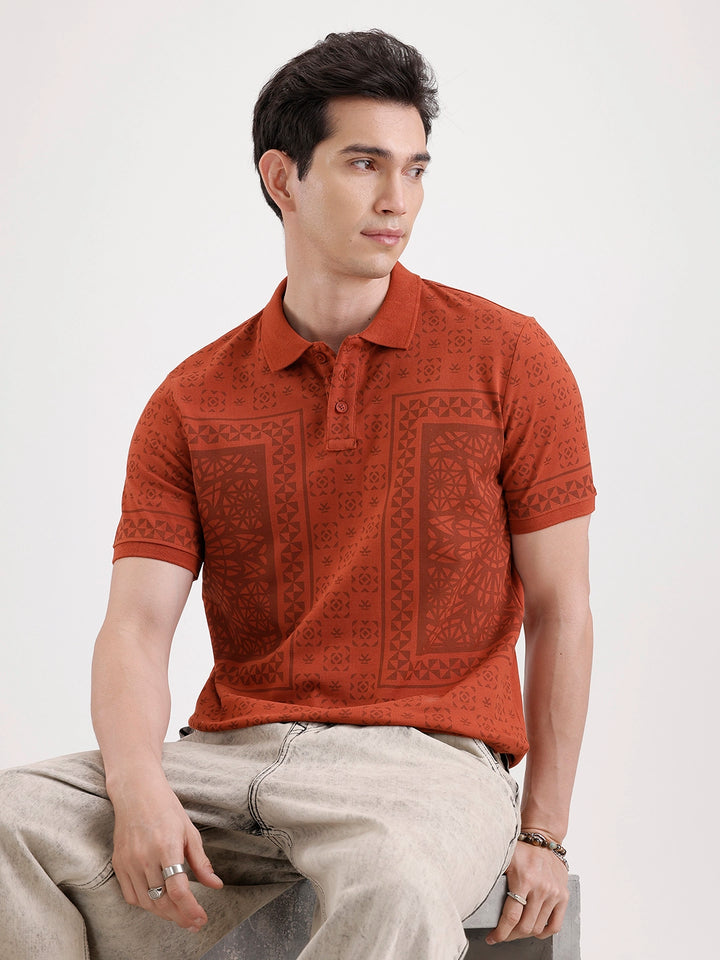 Slim Fit Pannel Printed Polo T-Shirt  | Rust