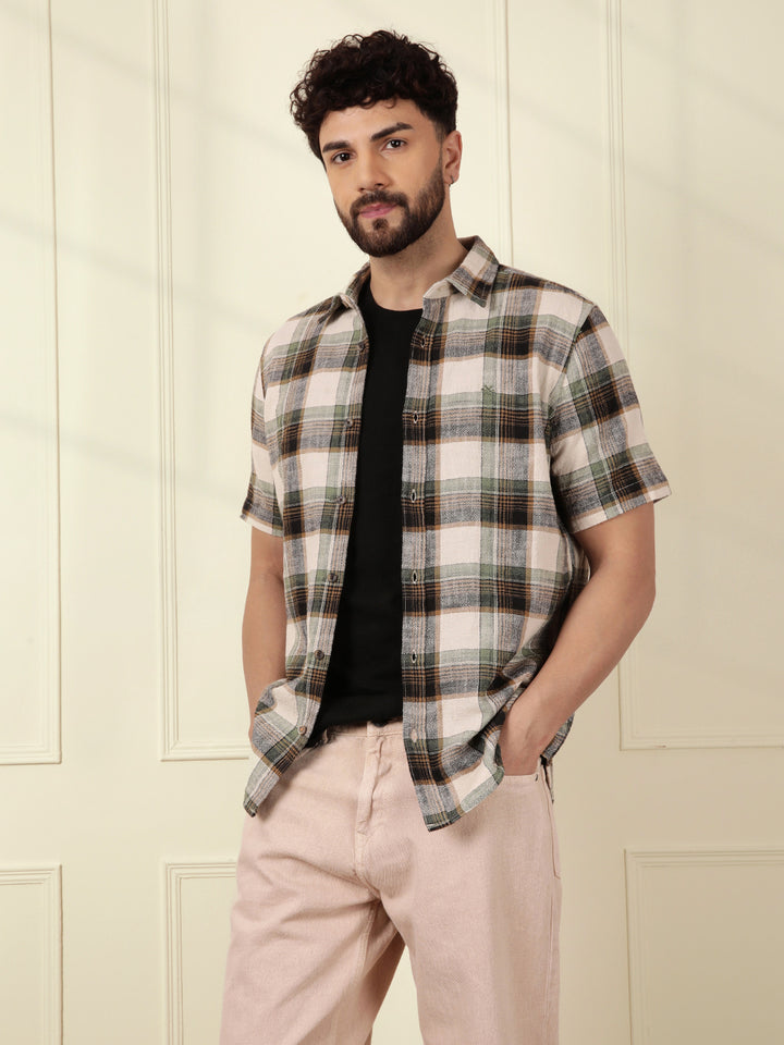 Textured Checks Cotton Shirt | Green