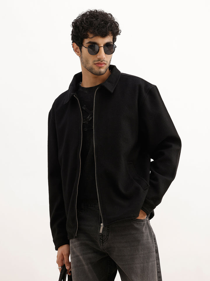 Solid Comfort Fit Zipper Jacket | Black