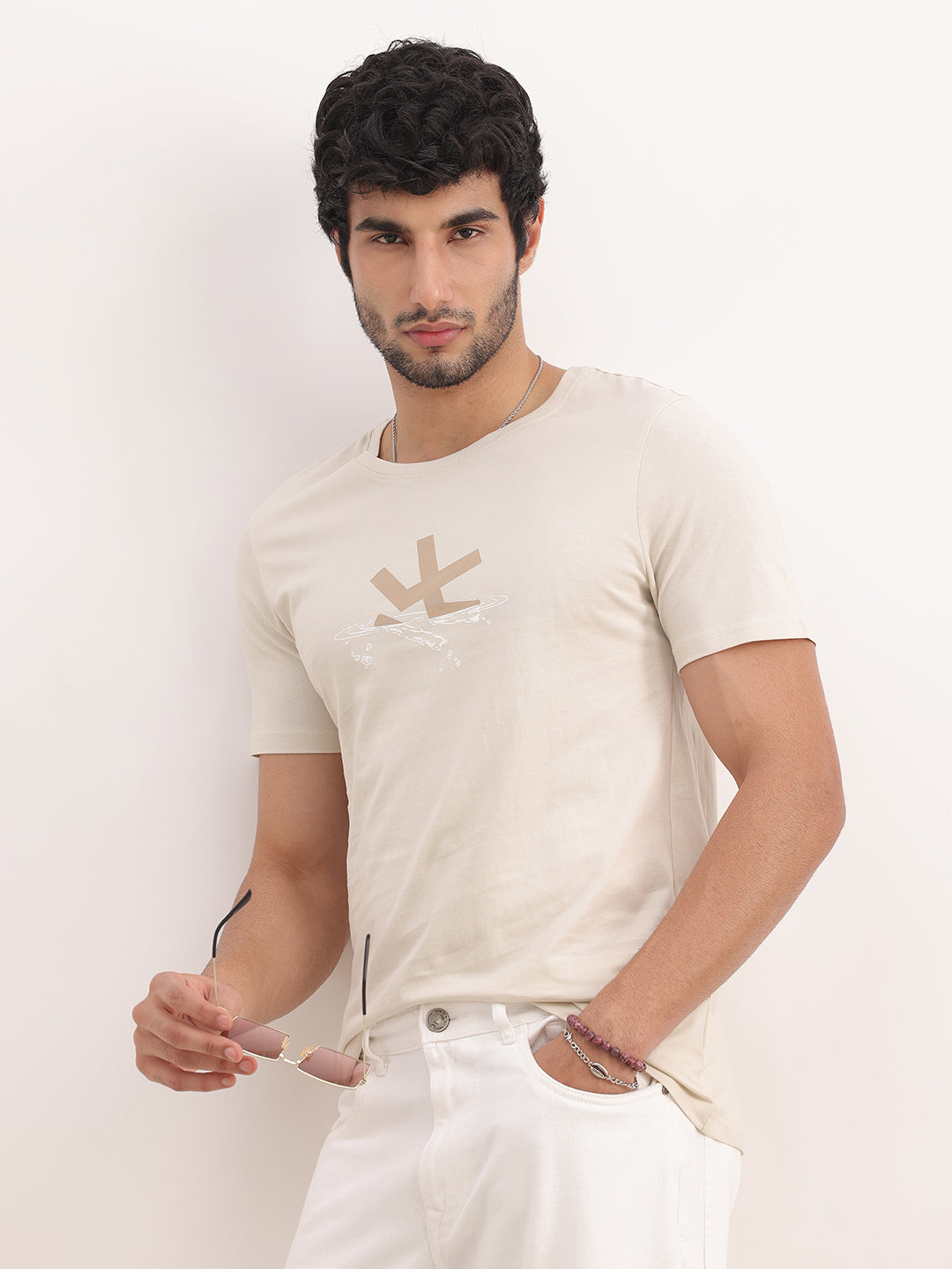 Classic Slim Fit Placement Printed T-Shirt | Beige