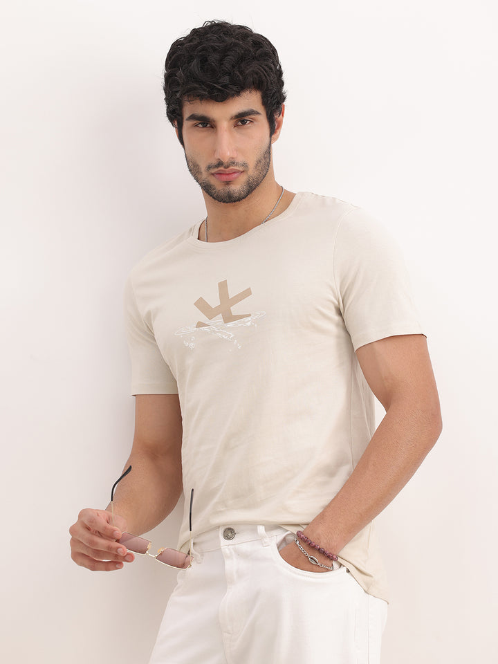 Classic Slim Fit Placement Printed T-Shirt | Beige