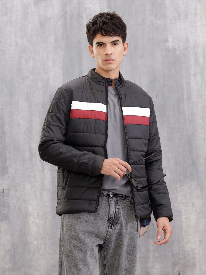 Colourblock Regular Fit Puffered Bomber Jacket  |  Black