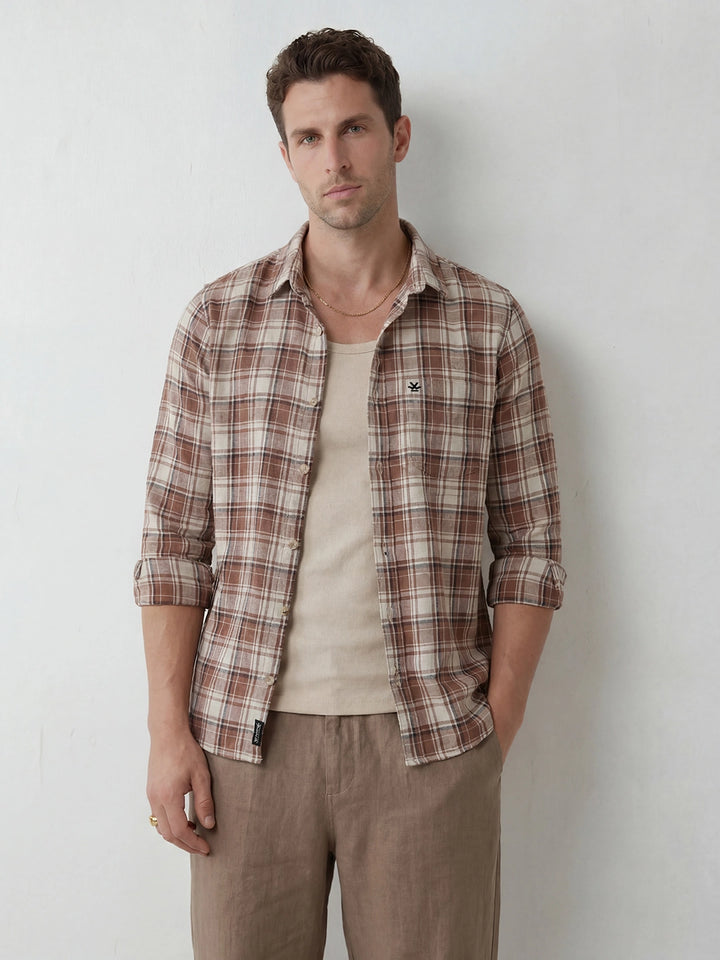 Slim Fit Checkered Shirt | Brown