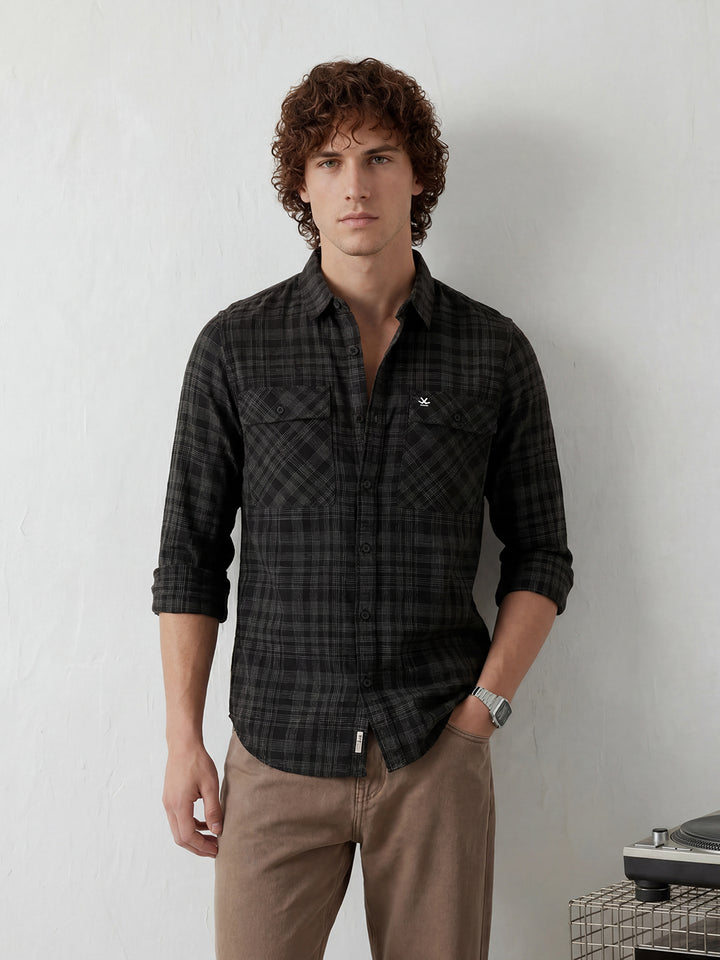 Slim Fit Double Pocket Shirt | Black
