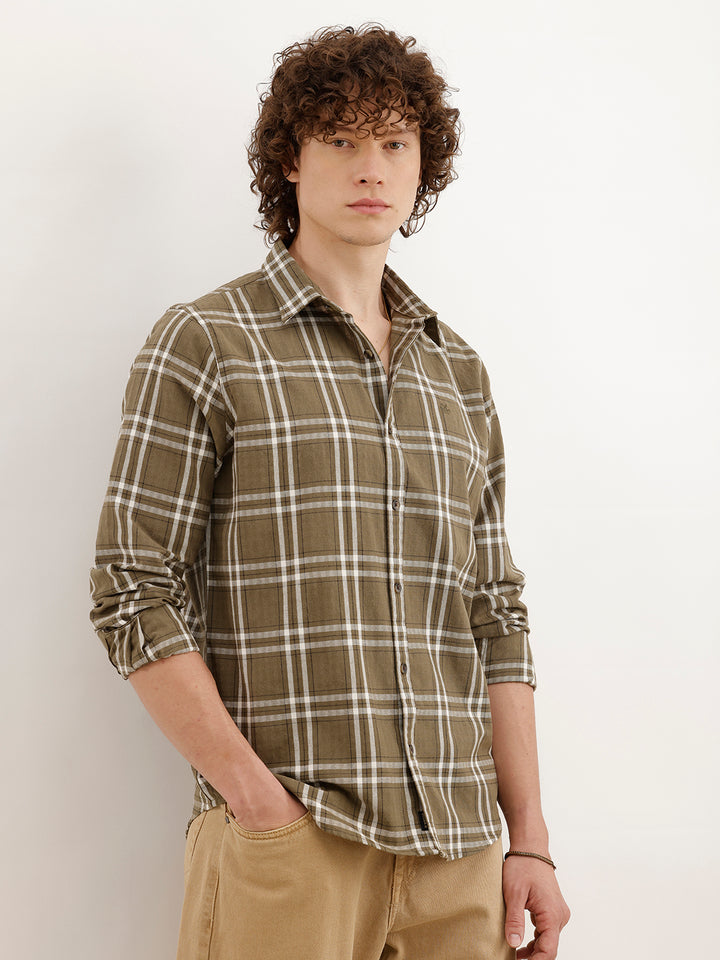Slim Fit Checkered Shirt  | Olive