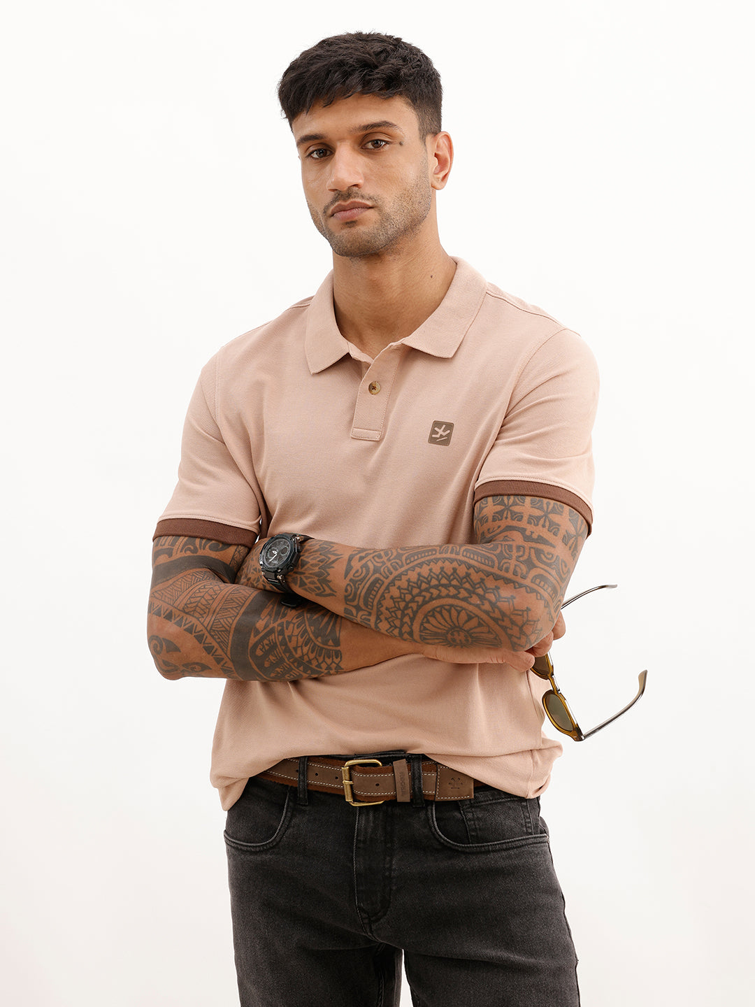 Classic Slim Fit Contrast Sleeve Polo T-Shirt | Light Brown
