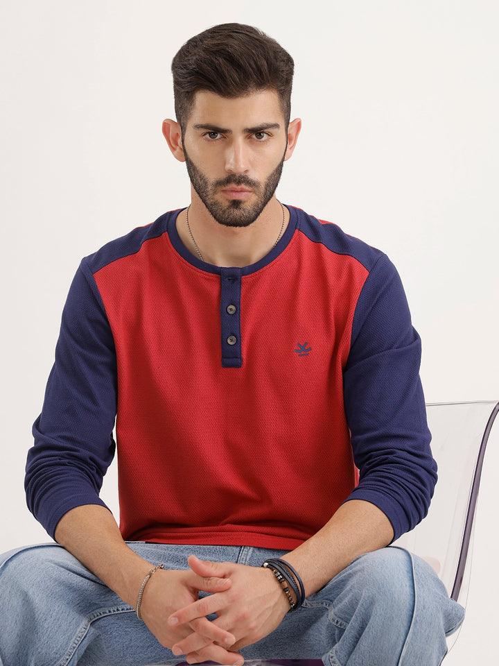 Comfort Fit Full Sleeve Henley T-Shirt | Red