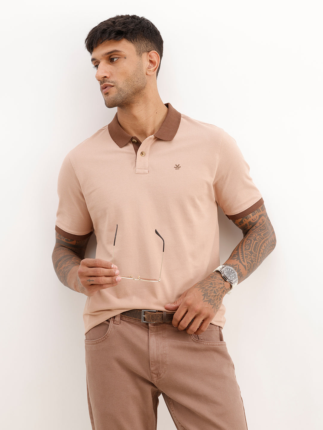 Slim Fit Contrast Collar Polo T-Shirt | Light Brown