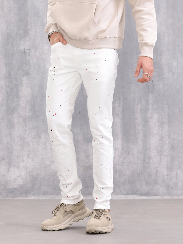 Slim Fit Paint Splash Jeans | White