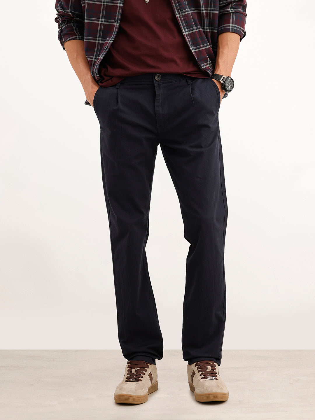 Solid Slim Fit Pleated Trouser | Navy Blue | WTR0100SL5055M
