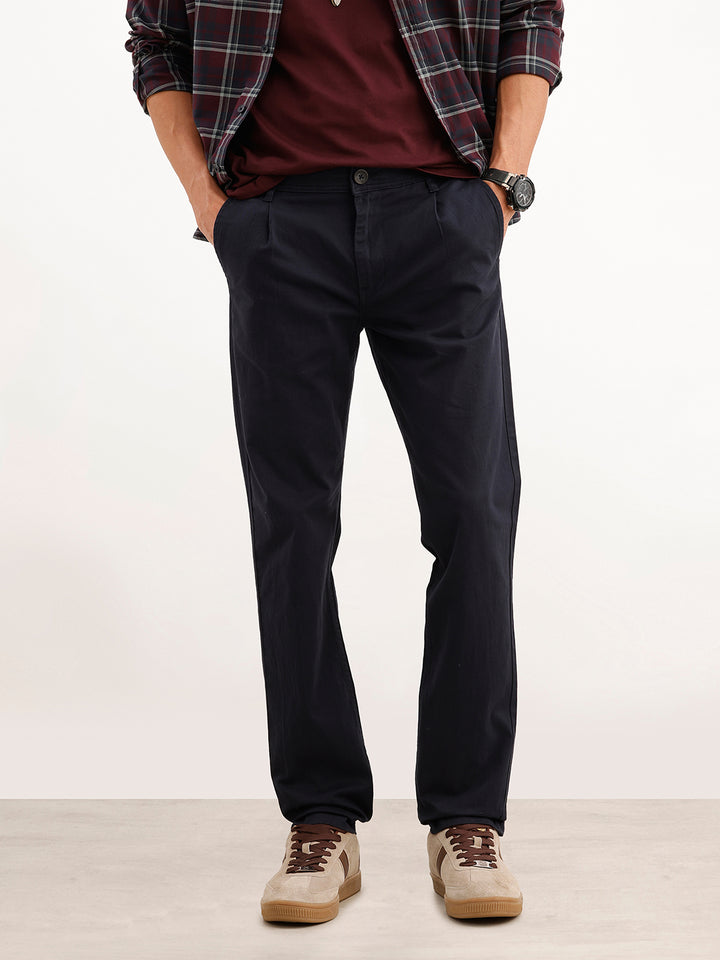 Solid Slim Fit Pleated Trouser | Navy Blue