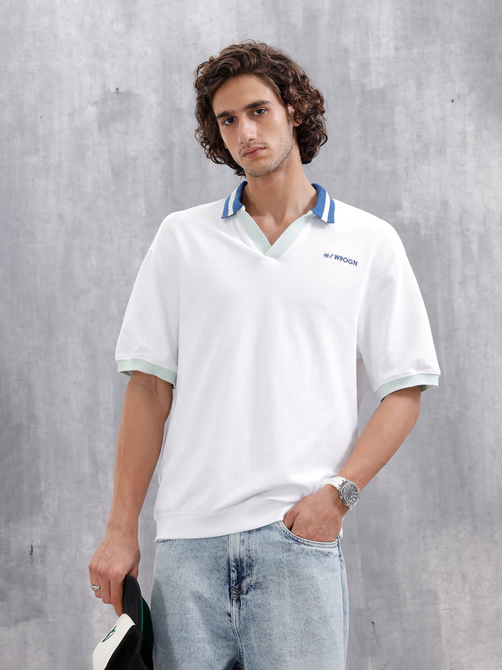 Oversized Johnny Collar Polo T-Shirt With Contrast Collar | White
