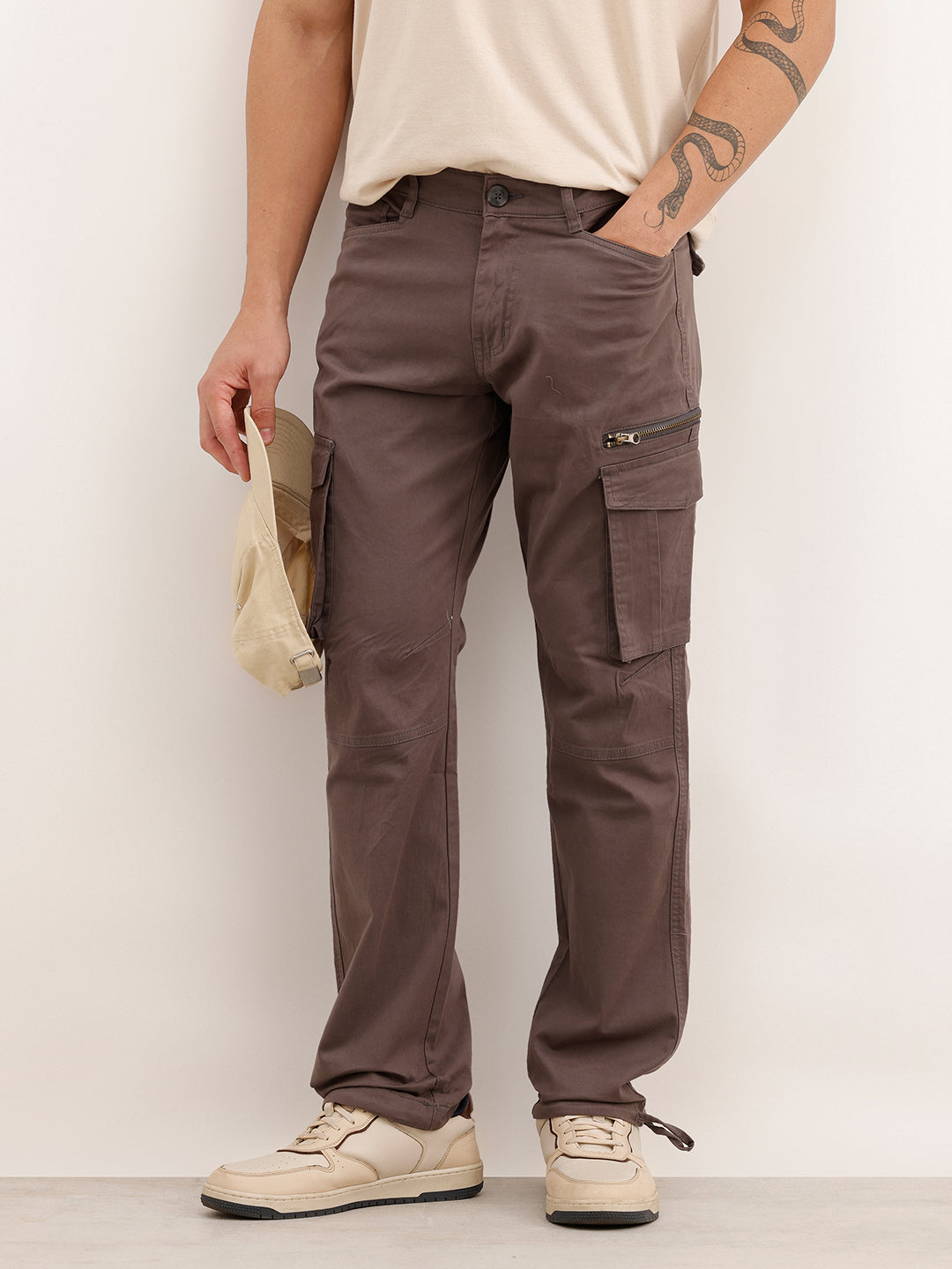 Solid Straight Fit Cargo Trouser | Grey