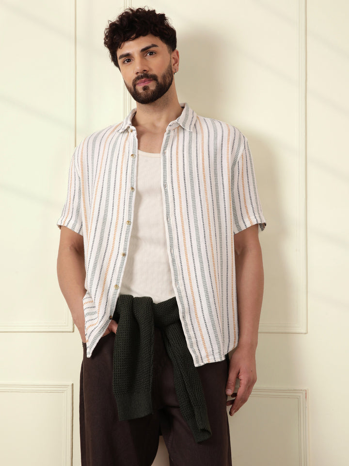Striped Short Sleeve Textured Shirt | Off White
