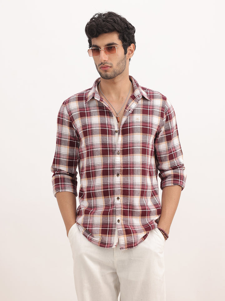 Slim Fit Checkered Full Sleeve Shirt | Maroon