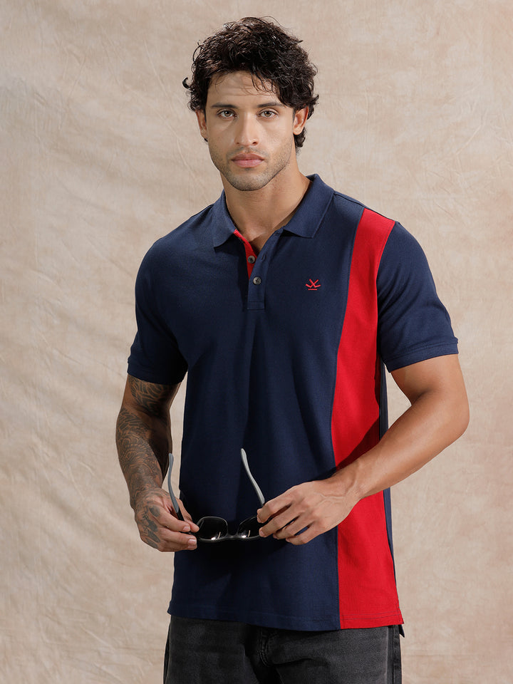 Asymmetric Colour Blocked Polo T-Shirt  | Navy Blue