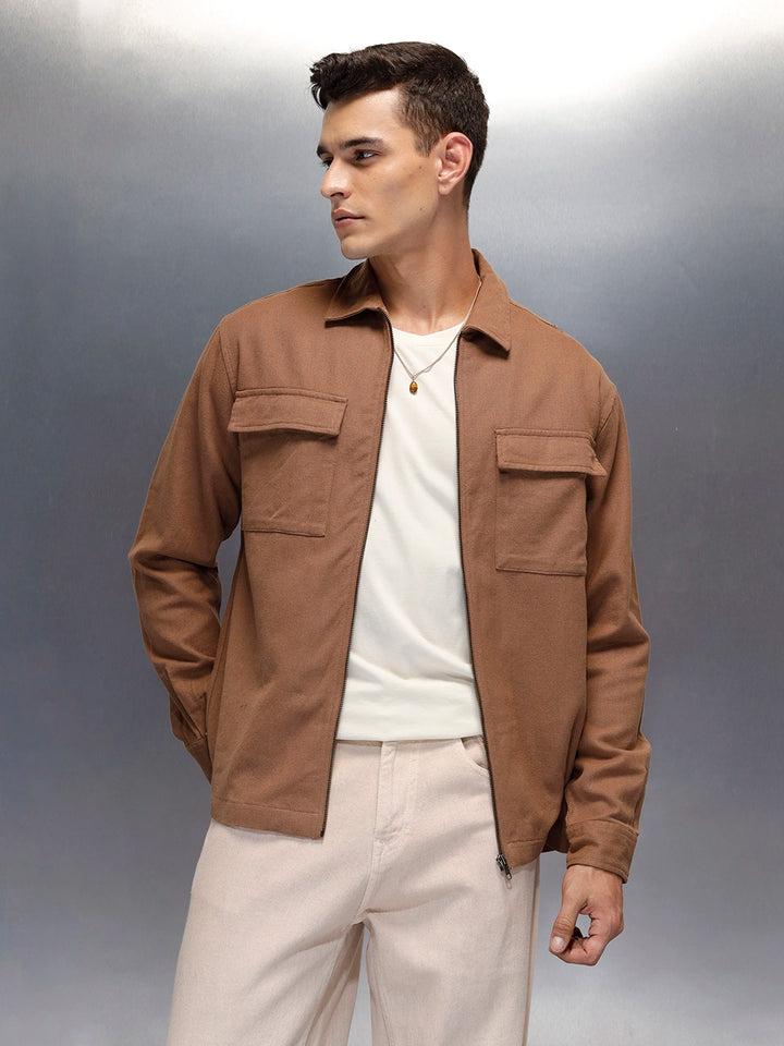 Men's casual front zipper double pocket shacket | Brown