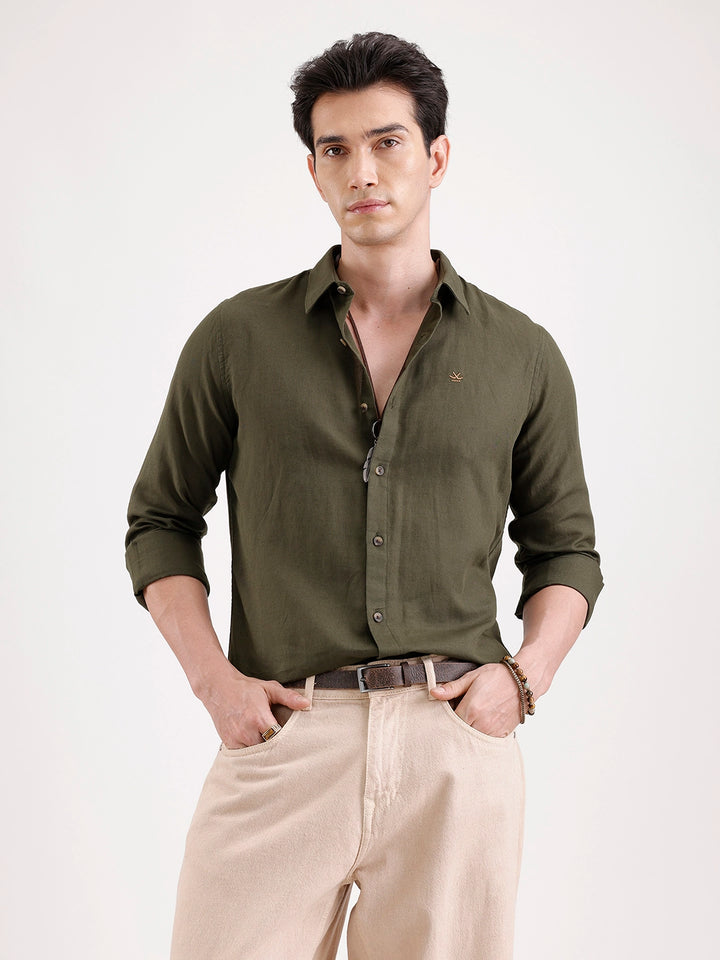 Solid Slim Fit Linen Blend Shirt  | Olive