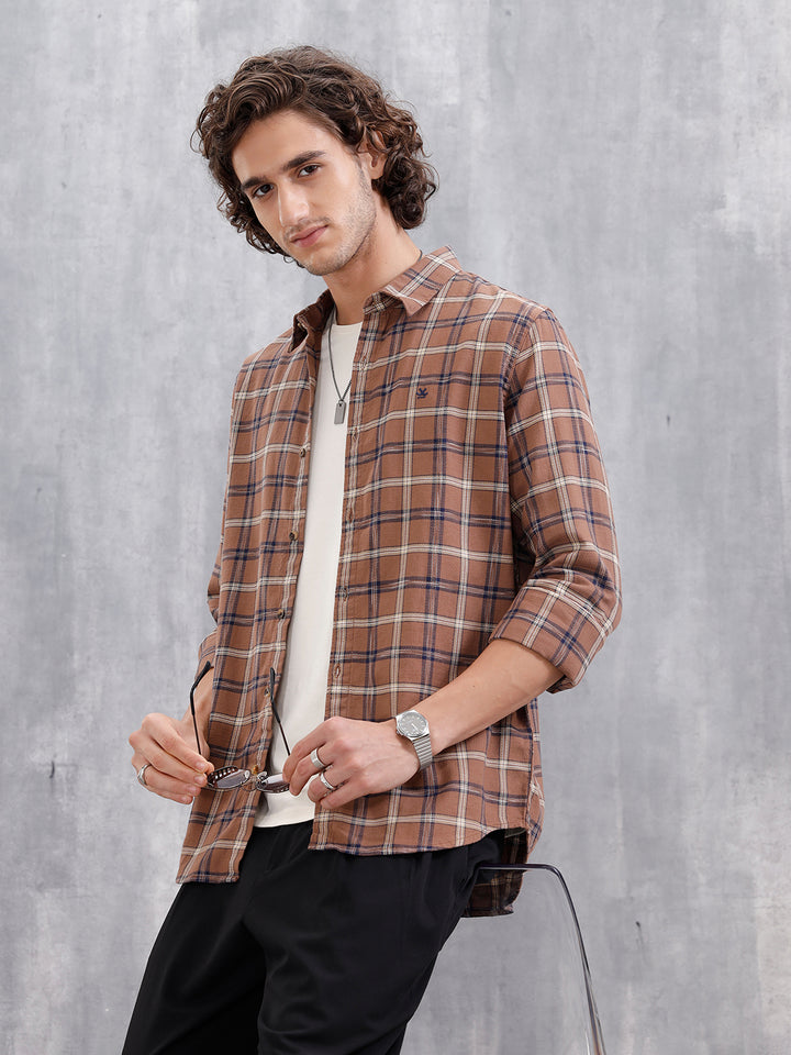 Space Dyed Dobby Check Slim Fit Shirt | Brown