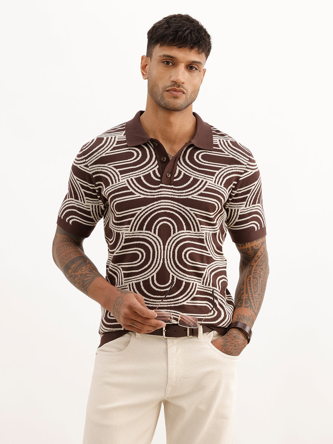 Slim Fit Jacquard Polo T-Shirt | Brown