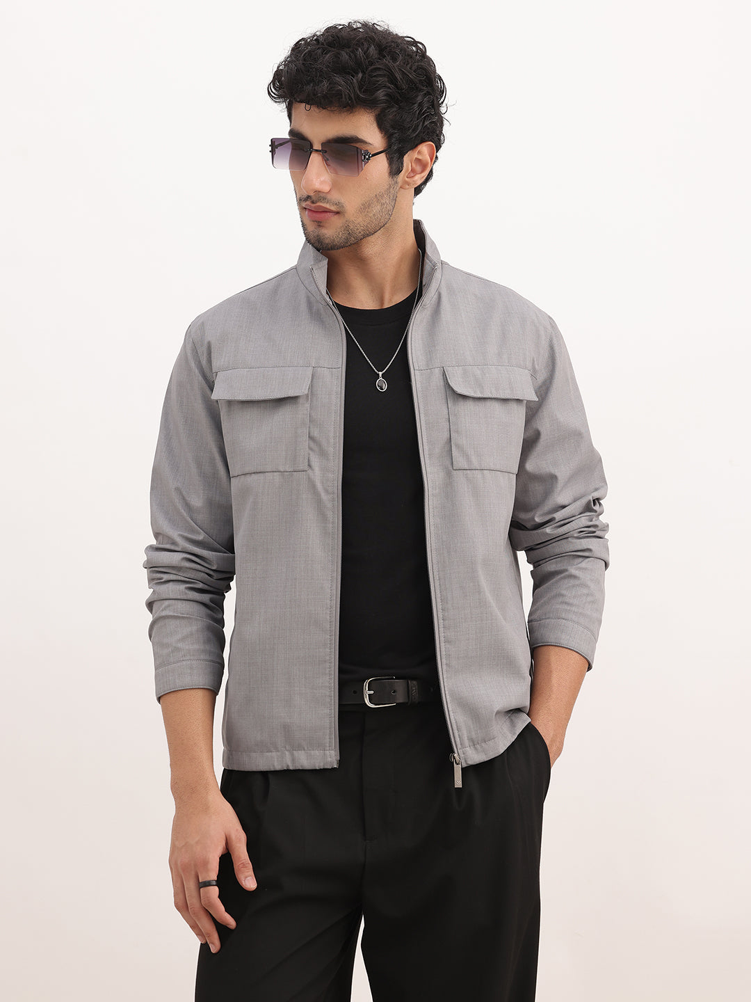Slim Fit Double Pocket Zipper Jacket | Grey