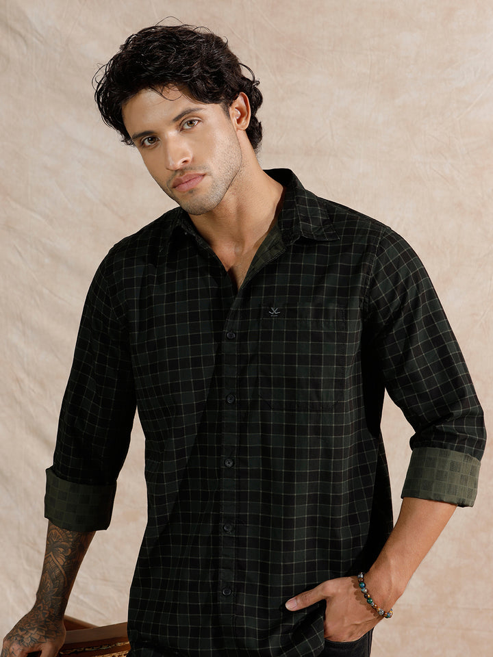 Textured Printed Checks Regular Fit Shirt | Dark Green