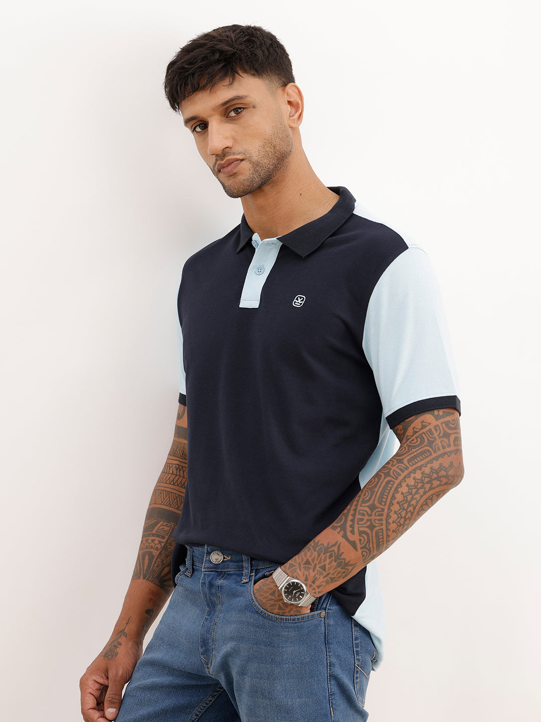 Slim Fit Panel Printed Polo T-Shirt | Navy Blue