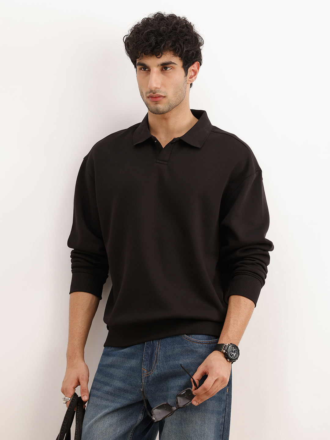 Solid Oversized Collared Sweatshirt | Black