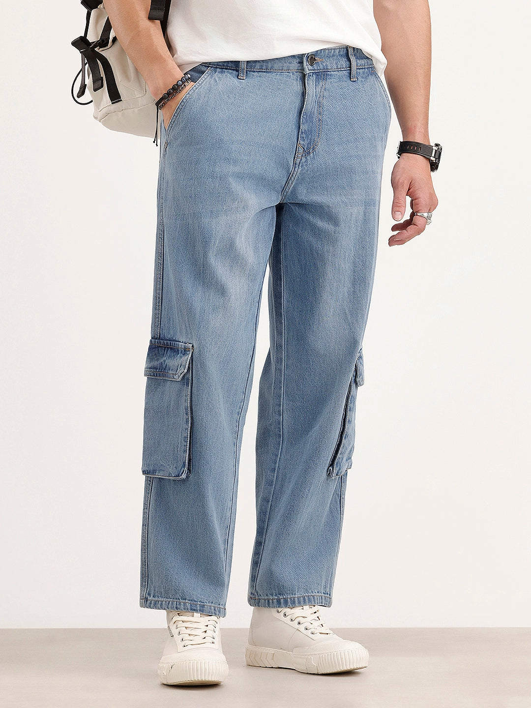 Loose Fit Cargo Denim Jeans | Light Blue