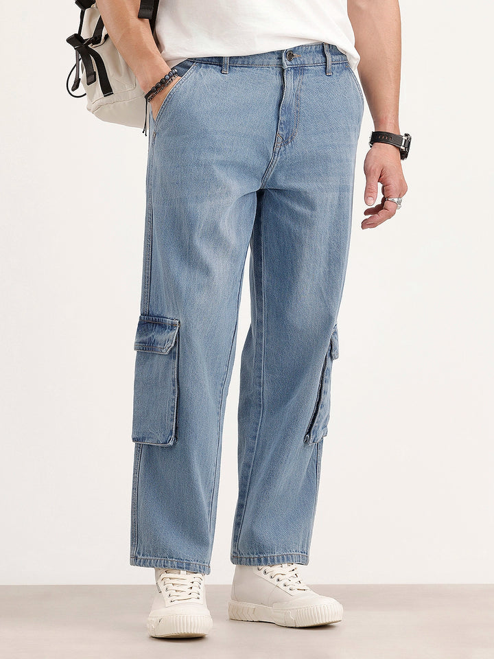 Loose Fit Cargo Denim Jeans | Light Blue