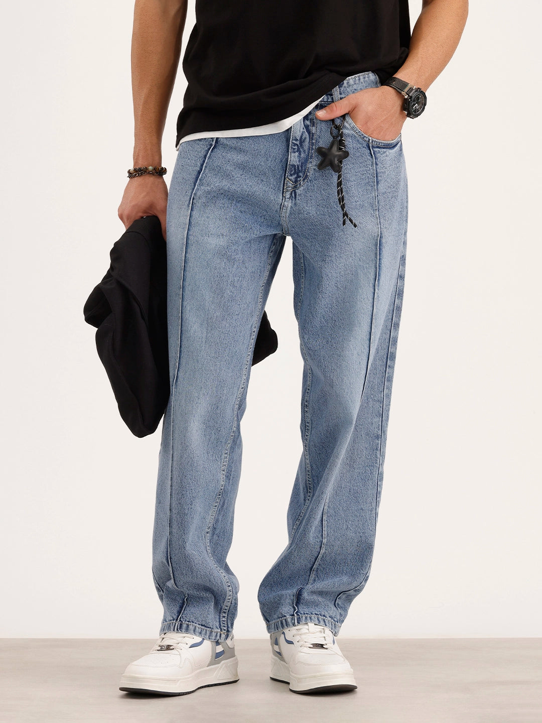 Loose Fit Cut & Sew Denim Jeans | Light Blue