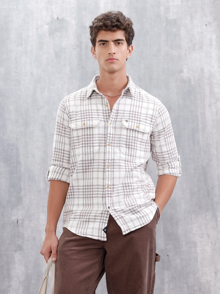 Slim Fit Checkered Casual Shirt For Men |Off White