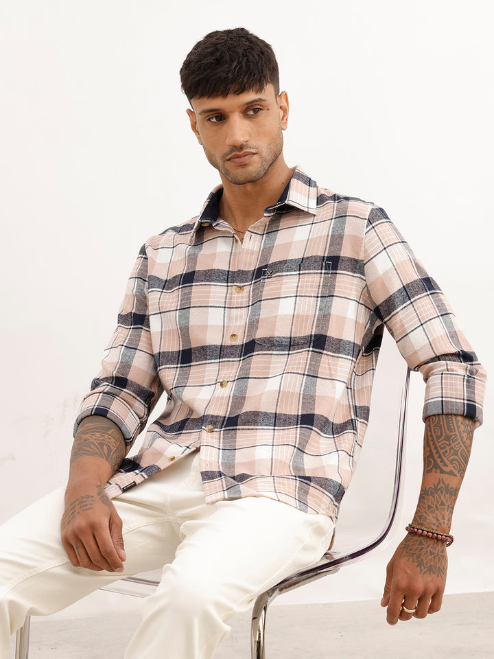 Slim Fit Checkered Full Sleeve Shirt | Peach