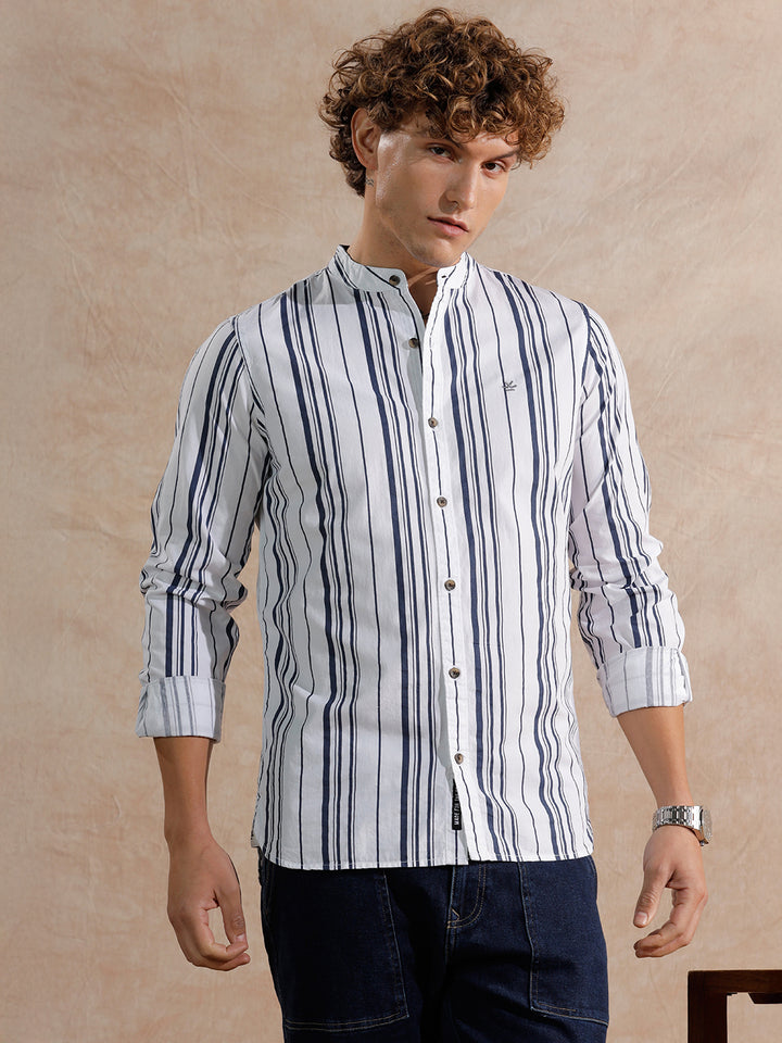 Striped Mandarin Collar Shirt | White