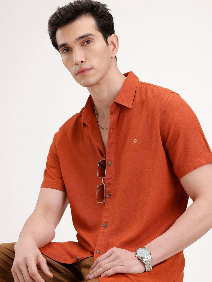 Slim Fit Linen Blend Shirt | Rust