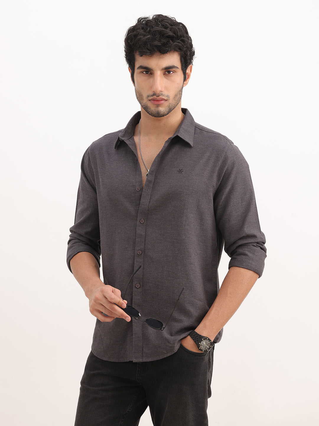 Slim Fit Solid Full Sleeve Shirt | Black