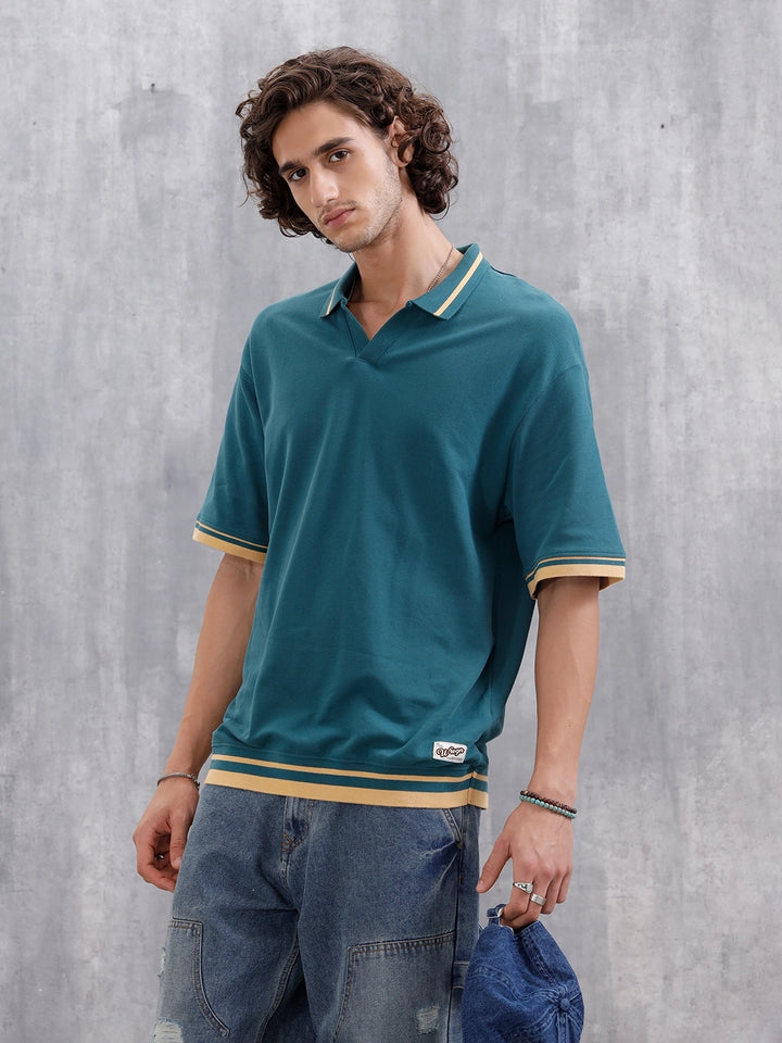 Oversized Polo T-Shirt With Contrast Trim Details | Teal