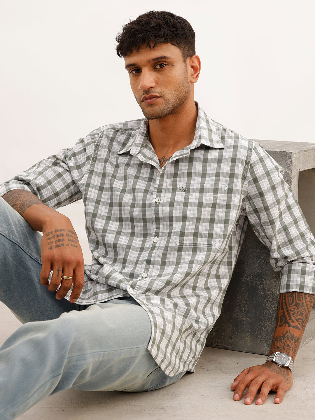 Slim Fit Textured Checked Shirt | Green