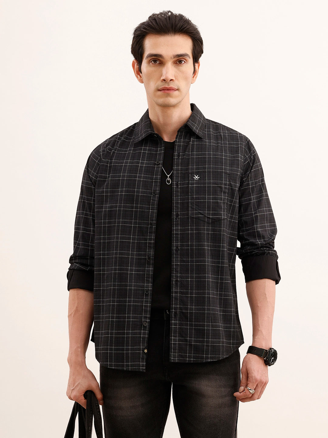 Regular Fit Checkered Shirt | Dark Grey