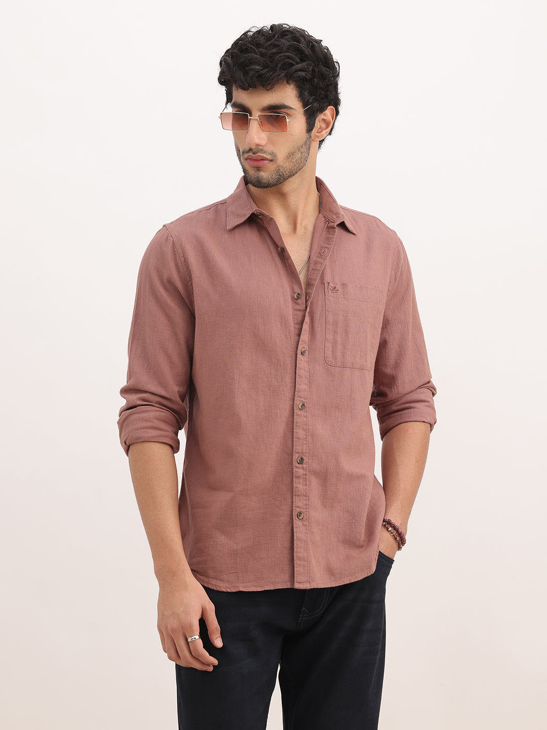 Solid Slim Fit Full Sleeve Shirt | Light Brown